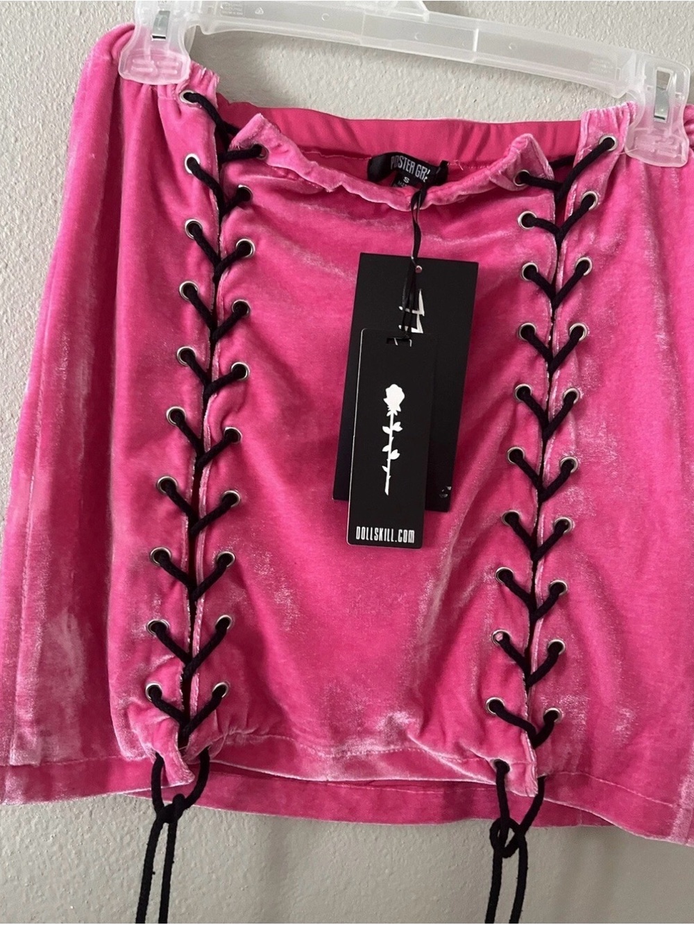 Dolls Kill Hot Pink Velvet Lace-Up Mini Skirt